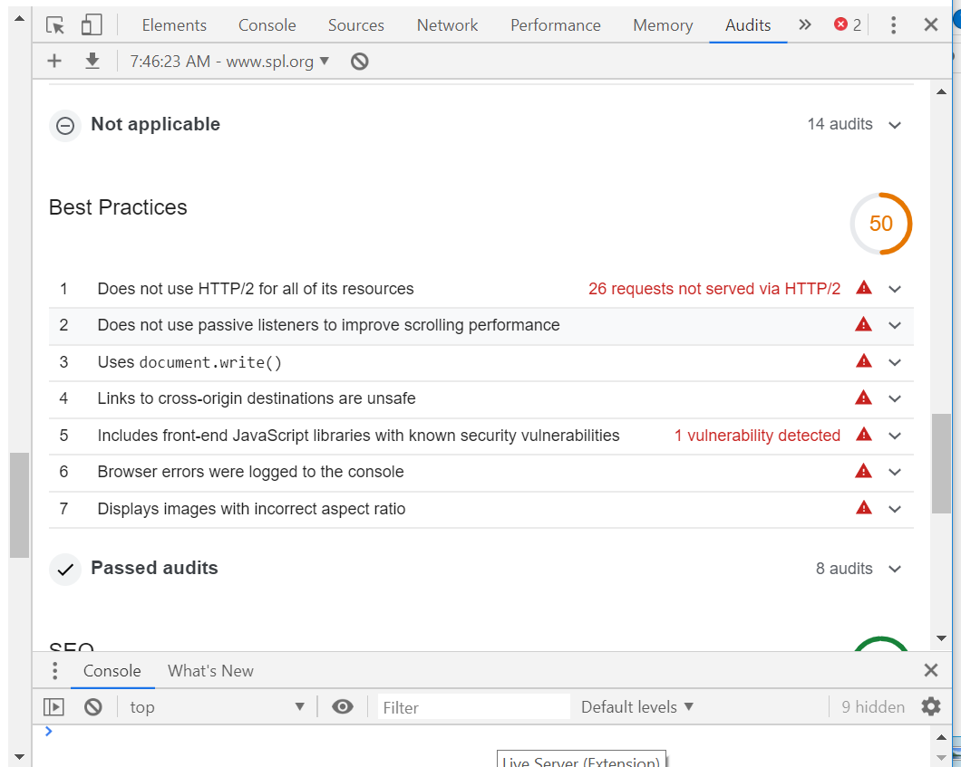 A screen capture of the errors in SPL's Best Practices.